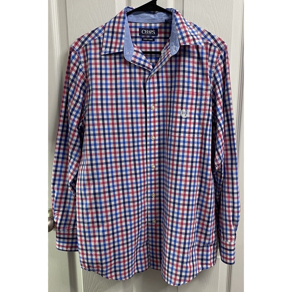 Chaps Easy Care Mens Dress Shirt Blue/Red/White Long Sleeve Button Down S